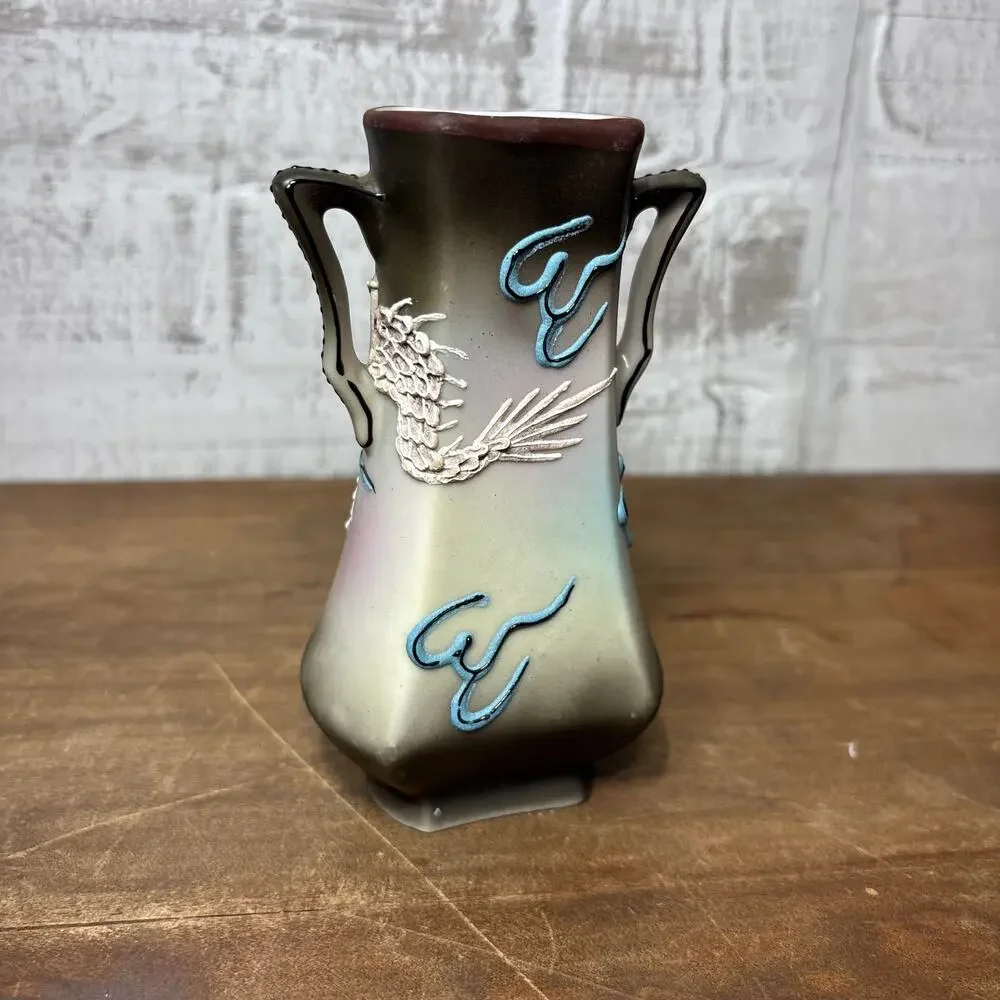 Vintage Nippon Moriage Dragon Vase with Bead Eyes Made in Japan